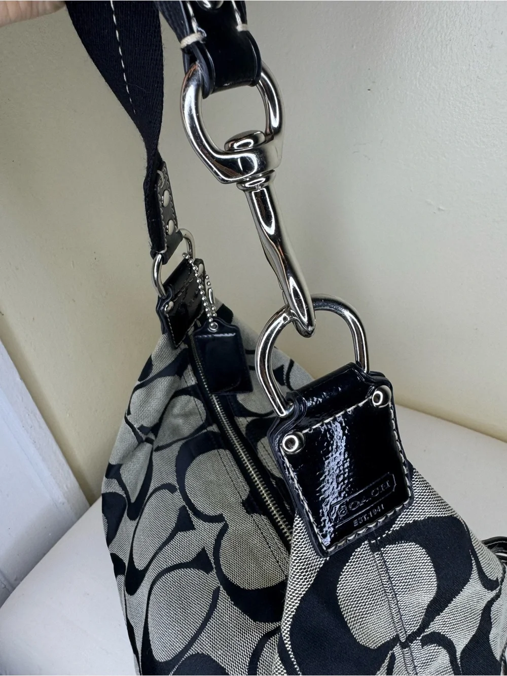 Coach Black & Gray Signature Canvas Shoulder Bag with Leather Trim